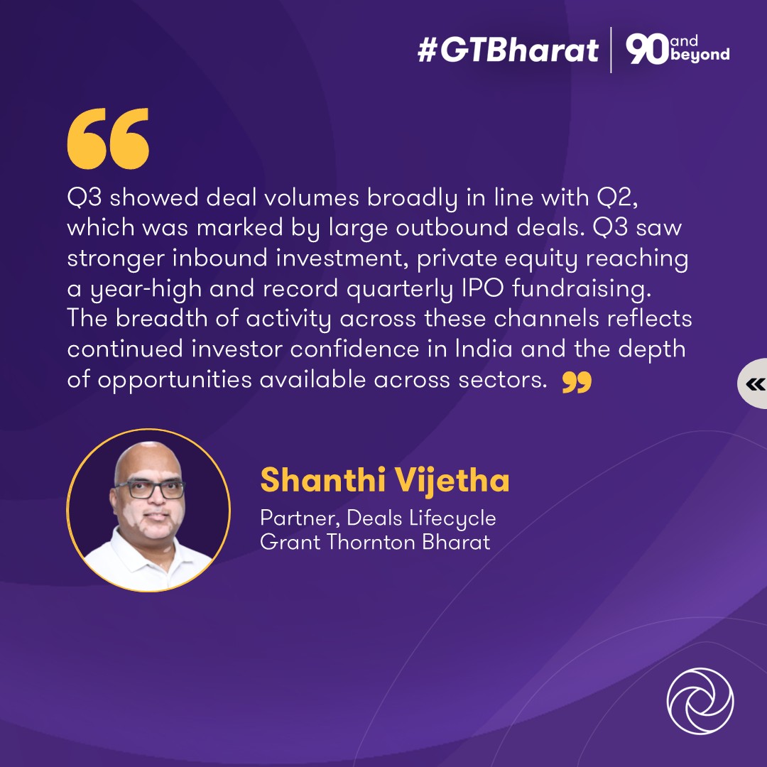 GrantThorntonIN's tweet photo. India’s dealmaking market remained resilient in Q3 2026, with transaction volumes rising and investment activity becoming more diversified across M&A, private equity and capital markets.
Visit: https://t.co/QELgemyOzv
#Dealtracker #DealActivity #PrivateEquity #CapitalMarkets https://t.co/uNXnDwqFu1
