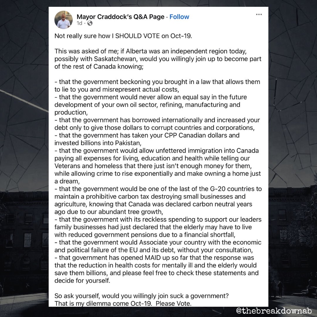 TheBreakdownAB's tweet photo. Uh...

Hey Devon?

You might want to check in on your mayor....

Cause he's out on facebook spreading BS conspiracy theories about immigration, pipelines being built, carbon neutral trees and more. 

Only thing missing here is 5G.

Got MAID tho...

#abpoli #ableg #cdnpoli https://t.co/dlui50SSLV