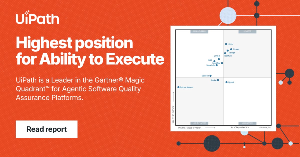 robots4testing's tweet photo. NEW Gartner MQ for Test Automation dropped!!  See why UiPath has been named a Leader in Agentic Software Quality Assurance Platforms. Or ask me! https://t.co/J69d3QOSgX https://t.co/MELiAeVd6k