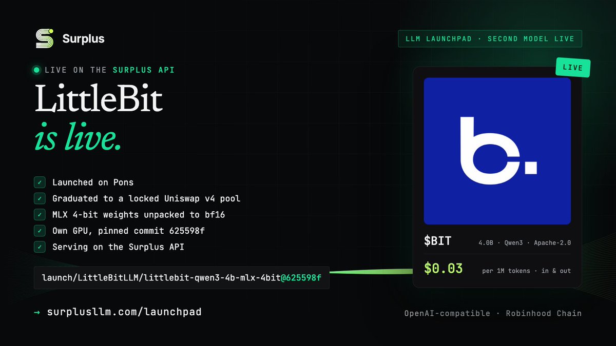 SurplusRH's tweet photo. littlebit-qwen3-4b-mlx-4bit is live on the Surplus API 

$BIT by @LittleBit_llm graduated on the launchpad. Its model now runs on its own GPU, from the exact commit that was launched.

model: launch/LittleBitLLM/littlebit-qwen3-4b-mlx-4bit@625598f

price: $0.03 / 1M tokens, in and out

Same endpoint, same key as every other model on Surplus.

https://t.co/N802kBxVAl