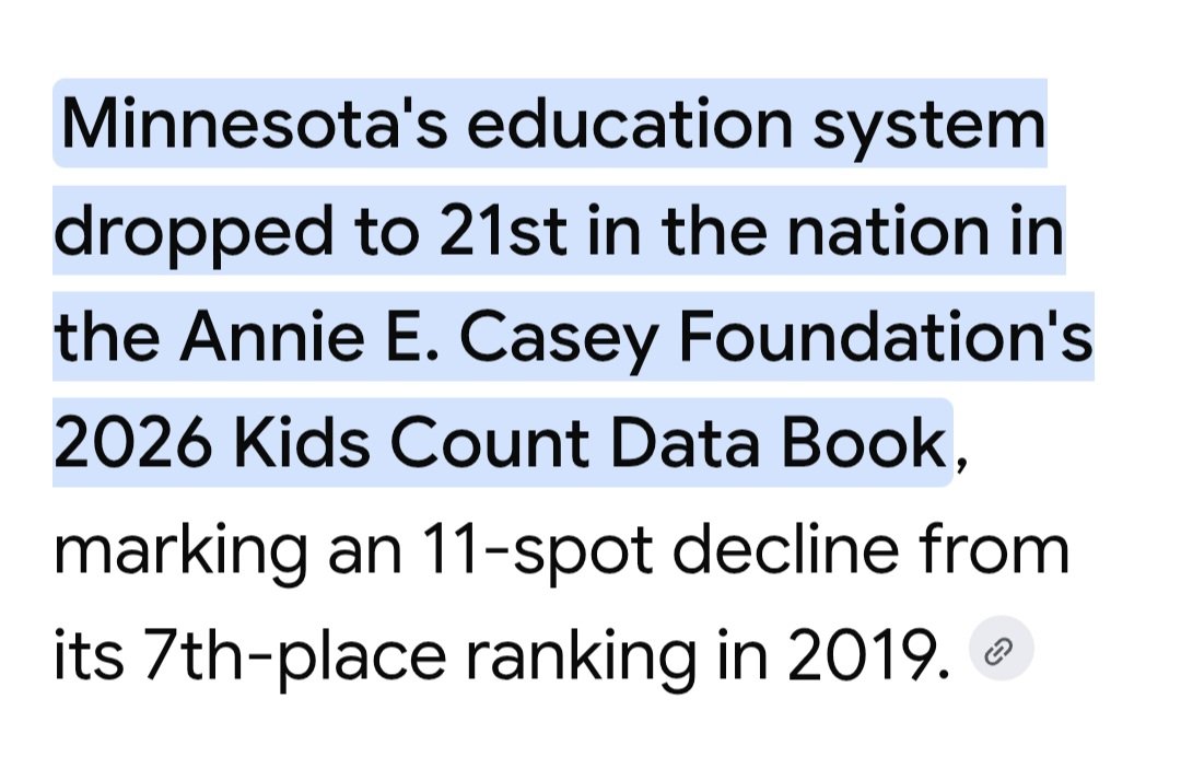 jf710737886's tweet photo. @MinnesotaDFL She's been in congress for 19 years and Minnesota has declined almost to the point of no return. Minnesota needs new leadership. Most of our public school kids can't read or write at grade level. An 11 spot decline under Democrats since 2019. #VOTERED #MINNESOTANS #SAVEMINNESOTA https://t.co/8qGaZ8L0w5