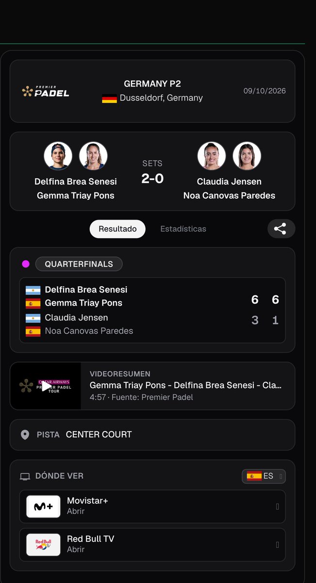 PadelscoreApp's tweet photo. 🏁 Final del partido
Delfina Brea Senesi / Gemma Triay Pons 6-3 | 6-1 Claudia Jensen / Noa Canovas Paredes
🇩🇪 🏆 GERMANY P2 · Quarterfinals
→ Delfina Brea Senesi / Gemma Triay Pons pasan a semifinales
#GermanyP2 #PremierPadel #Padelscore https://t.co/g6R2FNwrLH