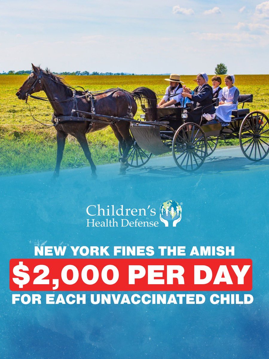 ChildrensHD's tweet photo. 🚨 NEW YORK IS FINING AMISH SCHOOLS $2,000 PER UNVACCINATED CHILD.

Amish schools in New York are facing penalties for refusing to comply with the state's childhood vaccination mandates.

At $2,000 per unvaccinated child, these penalties could financially devastate small Amish communities.

Religious freedom and bodily autonomy are not privileges granted by the government. They are constitutional rights.

Shame on the State of New York for financially punishing these families for exercising those rights.
