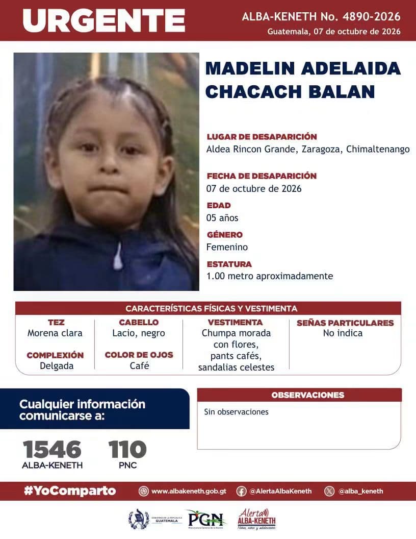 EmisorasUnidas's tweet photo. #AHORA Familiares buscan apoyo para recuperar a Madelin Adelaida Chacach Balan, de la aldea Rincón Grande, Zaragoza, Chimaltenango. La menor, de 5 años, fue vista por última vez el miércoles 7 de octubre https://t.co/UFuPdZqHXx