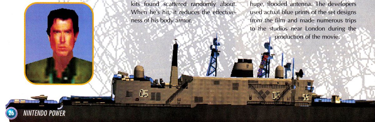 goldeneyedepot's tweet photo. The Harpoon missile launcher, missile racks, and naval flags can be seen in an early Frigate render from the June 1996 issue of Nintendo Power. The blue torpedoes are more of a guess. The hangar does have unused presets, but it's uncertain if they were meant for the torpedoes. https://t.co/Xnf4qJJnPj
