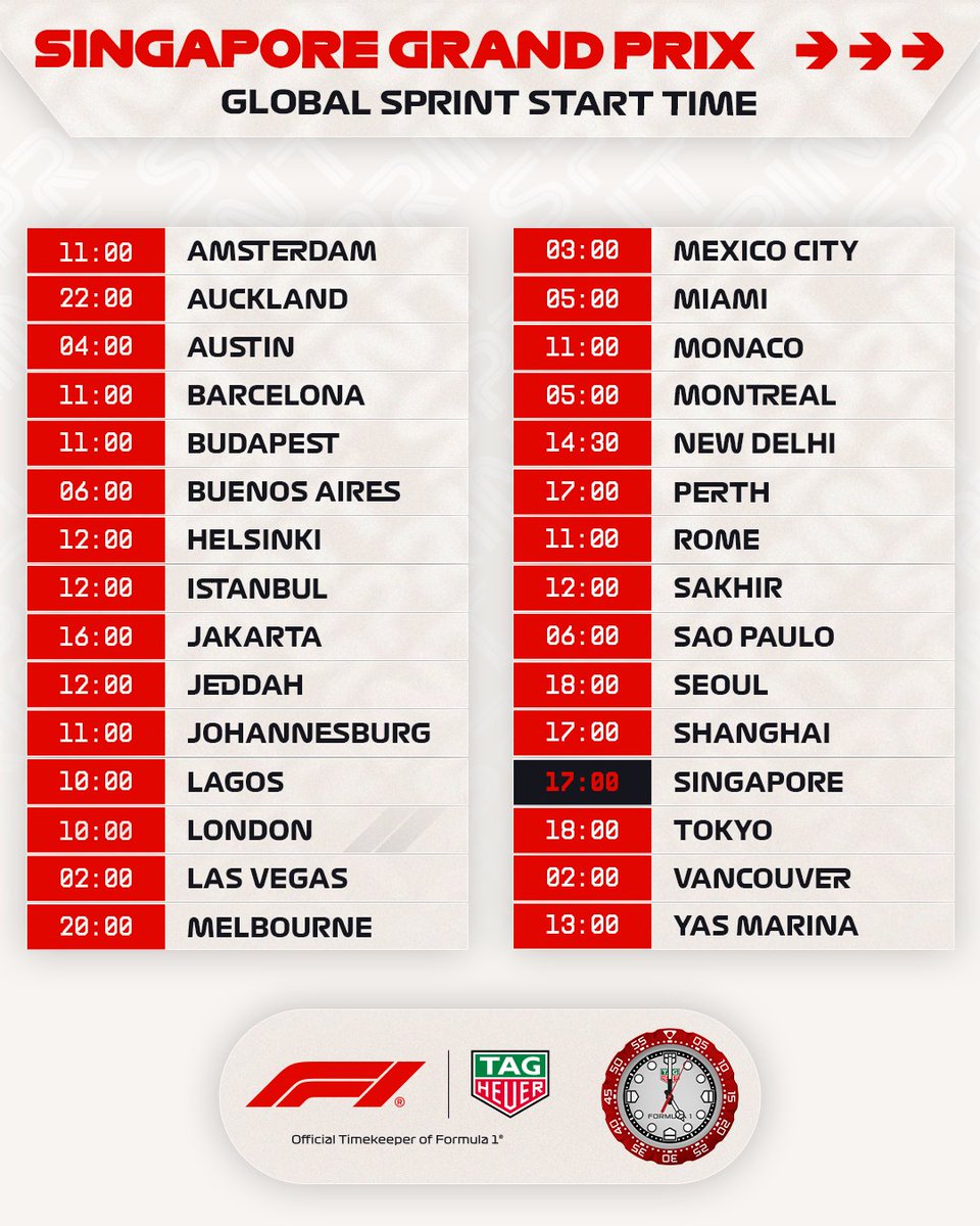 F1's tweet photo. Lock in for #F1Sprint wherever you are 🌎

Check the @TAGHeuer times ahead of our short-format race in Singapore ⏰

#F1 #SingaporeGP https://t.co/9DXtaPzNaF