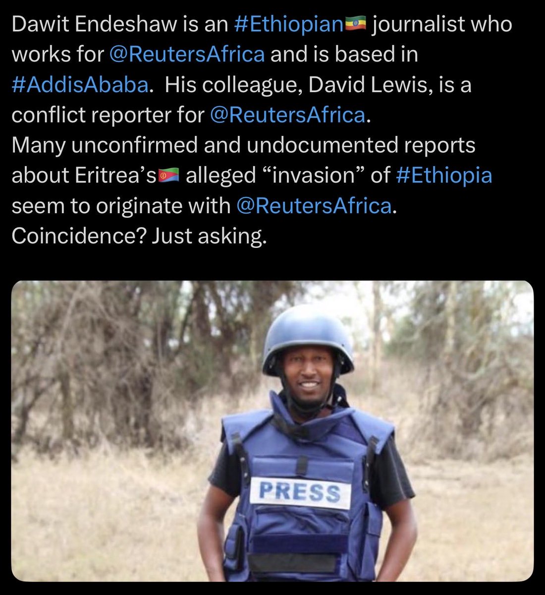 TewerwariE's tweet photo. The proof that Abiy is doing whatever he has been told to do doesn’t require binoculars or exceptional intelligence to understand. We know the gruesome events that unfolded on October 7, 2023, when a coordinated cross-border assault led by Hamas against southern Israel killed approximately 1,200 people and resulted in 251 hostages being taken. (Reuters)

Abiy’s apparent attempt to replicate a fake invasion on the same month and date raises serious questions. After all, the fact that the events appear to follow the same date is worth examining. Furthermore, the journalists providing input are Ethiopians working for Reuters and ACLEDINFO.