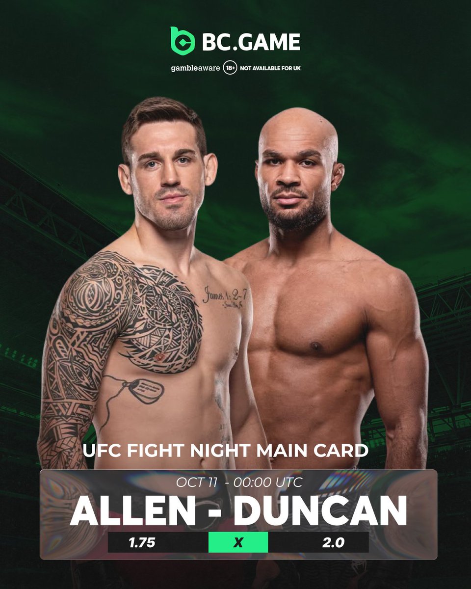 bcgamewinsports's tweet photo. Allen #4 π Duncan #10
Brendan Allen is chasing a 4th straight winβ¦ but can Christian Leroy Duncan keep his 5-fight streak alive and crash the title picture? π
Hot pick: Fight goes over 2.5 rounds, or Allen by decision, ~1.90.
#UFC #AllenVsDuncan