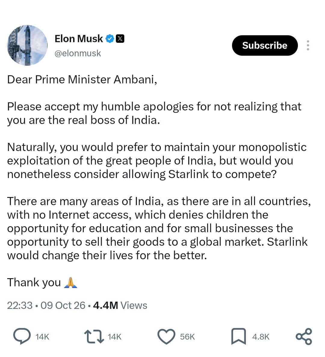dmuthuk's tweet photo. I have said this many times before. America is no longer what it used to be. 

India trusted Trump and his cronies, Musk included, for far too long before their true colours showed.

Trump would not be President today without Elon Musk’s money and his personal campaign on Twitter. 

Musk spent close to $290 million and then claimed the election could not have been won without him. That influence was real.

When the relationship with Trump soured, Musk posted that Trump is in the Epstein files and that this was why they had not been released. What kind of person makes someone President while knowing what those files contain?

Musk is a great technocrat and entrepreneur.
That does not excuse this.

Is “Dear Prime Minister Ambani” how you address the world’s largest democracy and a sovereign nation? 

He accuses Ambani of being an oligarch. By that standard, Musk is one too.

Which party we support or oppose does not matter. In a democracy we all have our preferences. When it comes to Indian sovereignty, we are one nation.

America wants India to follow its tantrums. Obey, and do not argue. 

It does not like India having an independent view or strategy. 

India wants to be treated as an equal. 

America wants India as a vassal.

That is why the elites in the American state have turned hostile towards India.

They already regret how far China has risen. They do not want India to reach that point. 

In the coming years America will do what it can to harm India’s interests.

We need to face this together as a nation. Very tough times ahead.