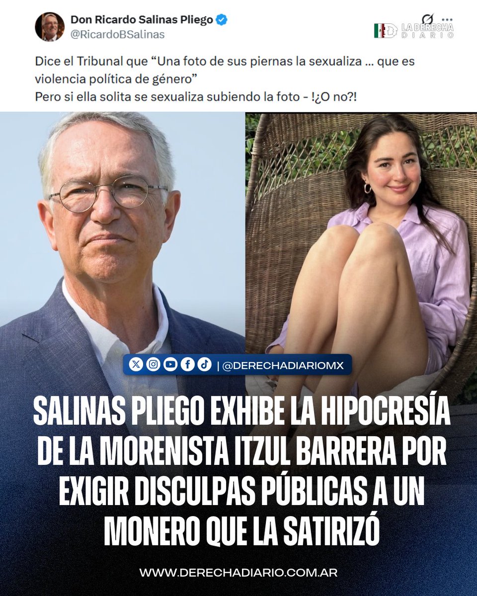 DerechaDiarioMX's tweet photo. 🚨🇲🇽 | EXHIBIDA: El empresario libertario @RicardoBSalinas exhibió la hipocresía de la morenista Itzul Barrera, quien obligó al monero Paco Navarrete a disculparse durante 15 días con ella por una caricatura en donde aparecen sus piernas con el argumento de que "la sexualizan". 

Sin embargo, la misma feminista posteó esa foto en sus redes sociales: 

"Dice el Tribunal que 'Una foto de sus piernas la sexualiza … que es violencia política de género' 
Pero si ella solita se sexualiza subiendo la foto - !¿O no?!"