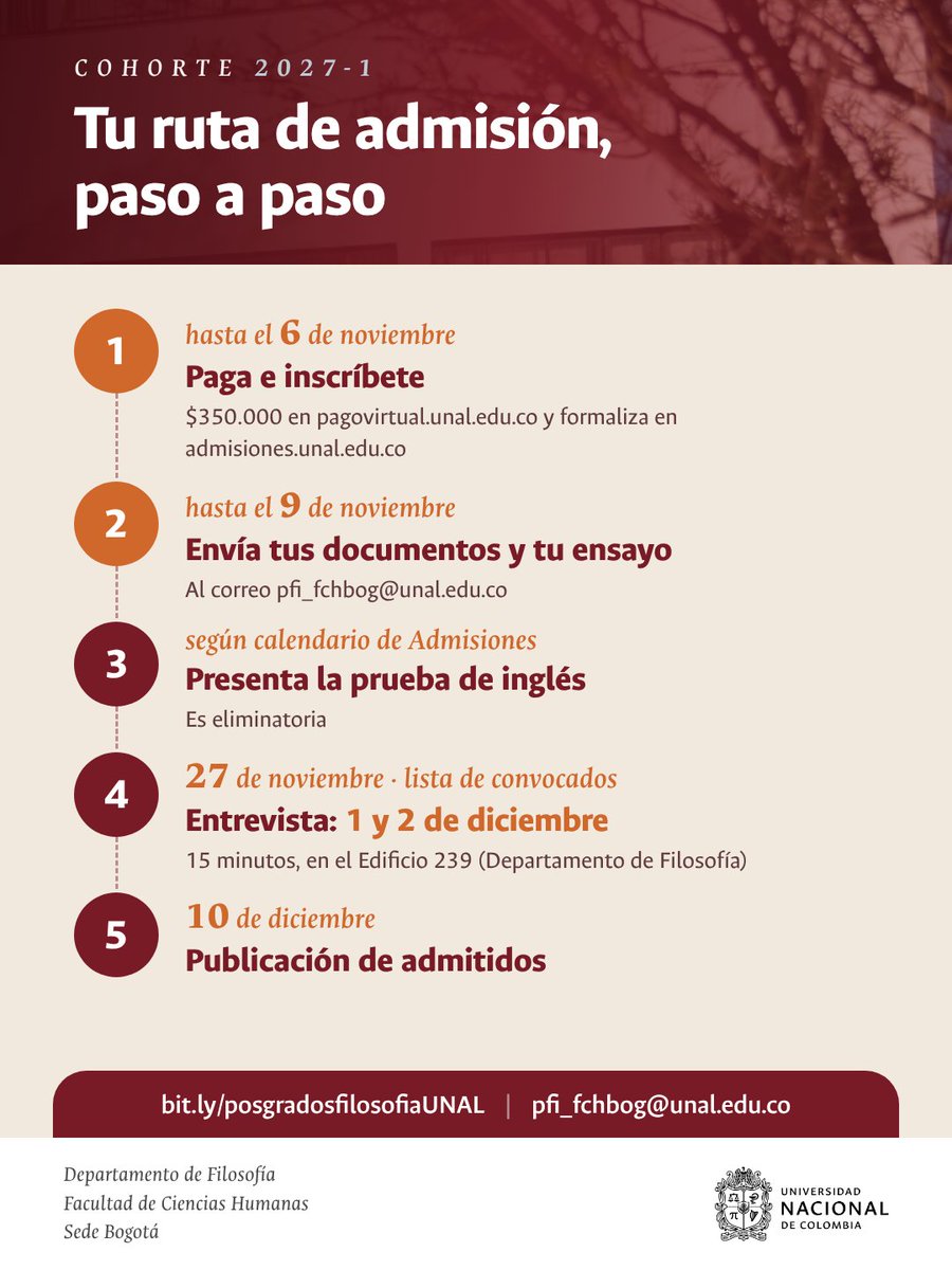 FilosofiaUnal's tweet photo. ⏳ Faltan 4 semanas para el cierre de inscripciones a la Maestría y el Doctorado en Filosofía de la Universidad Nacional de Colombia.

Te dejamos la ruta, los requisitos y los cupos 👇

🗓️ Inscripciones hasta el 6 de noviembre
👉 https://t.co/M2PV3rQ2Ba
#FilosofíaUNAL https://t.co/09bxKnxJCf