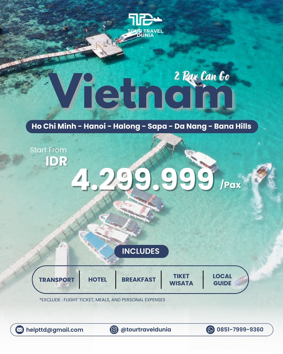 Ksunichka1's tweet photo. Komen “MAU” biar kami kirim itinerary lengkapnya! Liburan berdua ke Vietnam mulai IDR 4. 299. 999/pax. Ho Chi Minh, Hanoi, Halong, Sapa, Da Nang, Bana Hills. Sudah termasuk hotel, transport, sarapan, tiket wisata, dan tour guide lokal. https://t.co/p8cWrFOfPv