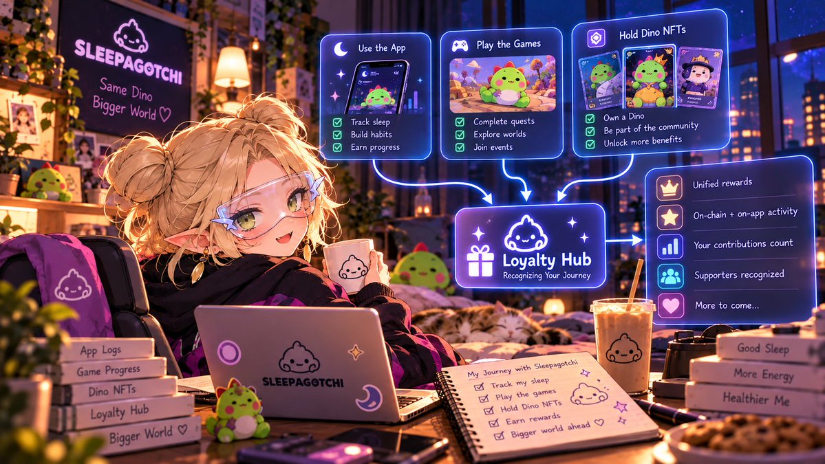 0xsunnhi's tweet photo. one detail I almost missed about @sleepagotchi

they are trying to recognize what users have already done across the ecosystem

testing the app, playing the games, holding Dino NFTs

all connected through the Loyalty Hub

I like that idea

people who supported a project early shouldn't have to start from zero every time it enters a new chapter 🦖