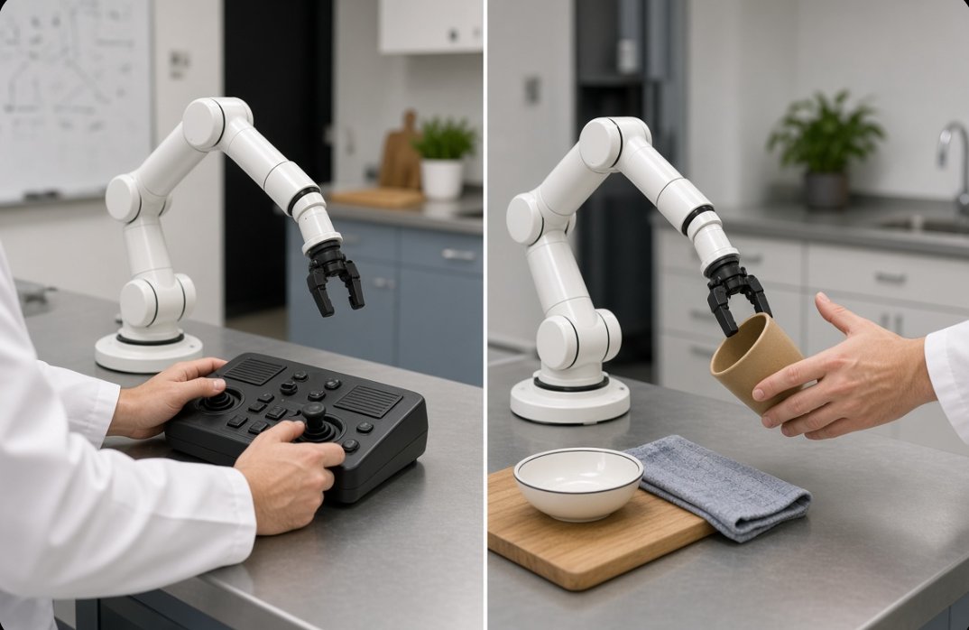 Robiul70177's tweet photo. Two ways to touch the same arm. They are not the same dataset.

On @axisrobotics, pre-training is you from the first frame. Teleoperate. Finish the task. One run, one demonstration. That teaches a policy what the job looks like when a human already knows the motion.

Post-training is the other chair. The policy drives. You watch. The gripper slips, the cup tilts, the arm stops short. You take over. The recovery is the record. Less intervention on a finished run scores higher. That is on-policy data: what to do when the model is already wrong.

Most robot sets keep the clean demo and drop the miss. Axis keeps both, then feeds the misses back so the next collection targets the last policy’s weak spots.

A Trajectory still has to be signed on Base or it is not in the epoch.

Pre-training: here is the task.
Post-training: here is the repair.

https://t.co/65a19So4g8