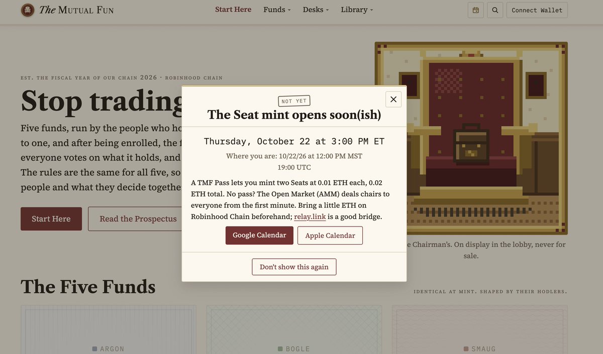 themutualfun's tweet photo. The official date for the Seat mint and the $TMF launch is October 22nd at 7:00 PM UTC.

Head to The Mutual Fun website to get an easy calendar invite for the big day, so you are sure to remember 🪑

https://t.co/PQ7oEO3wXb https://t.co/3i3nhabbm3