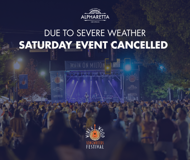 alpharettagov's tweet photo. Wire &amp; Wood Weather Update: Saturday Canceled  

The weather has other plans for Wire &amp; Wood this weekend.  Music continues downtown tonight, weather permitting. Saturday’s festival is canceled due to the severe weather forecast. https://t.co/idD95ENEa6