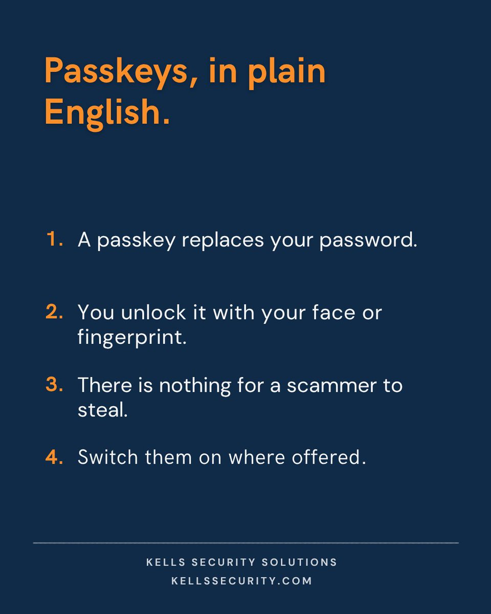 kellssecurity's tweet photo. A passkey replaces your password. You unlock it with your face or fingerprint, so there's nothing for a scammer to steal. If a site offers them, switch them on. Using passkeys yet, or still on passwords? #Passkeys https://t.co/cRCmDl94sC