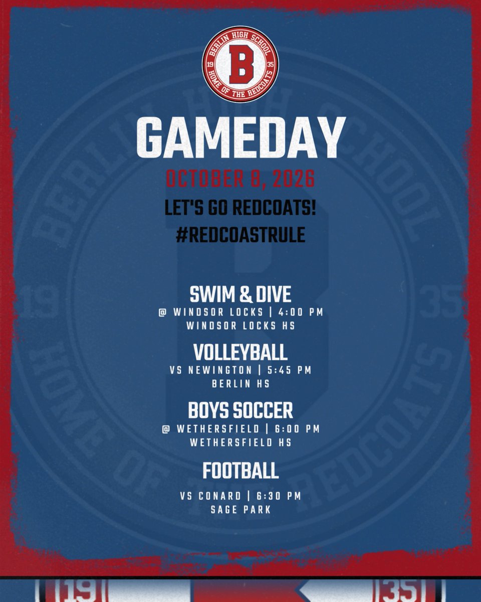 berlin_redcoats's tweet photo. BHS ATHLETICS: It's a foursome Friday starting with girls swim and dive in the pool at 4 pm and ending with football hosting Conard at 6:30 pm with volleyball and boys soccer also in action in between! #redcoatsrule https://t.co/udhOPW9d7u