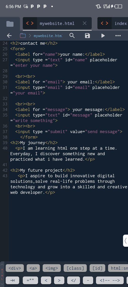 Costlyqueen1's tweet photo. Day 4 of my web development journey 💻✨ Learned more about HTML input fields and labels today. Still learning 😌 https://t.co/7EuhleyUqC