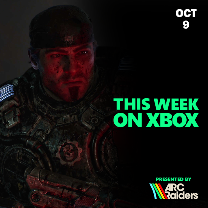 A gritty, blood-splattered soldier in combat armor stares intensely from the dark background of this "This Week on Xbox" promotional image for October 9, presented by ARC Raiders. The grim, battle-worn aesthetic aligns with the post's tease about discussing Gears of War: E-Day.