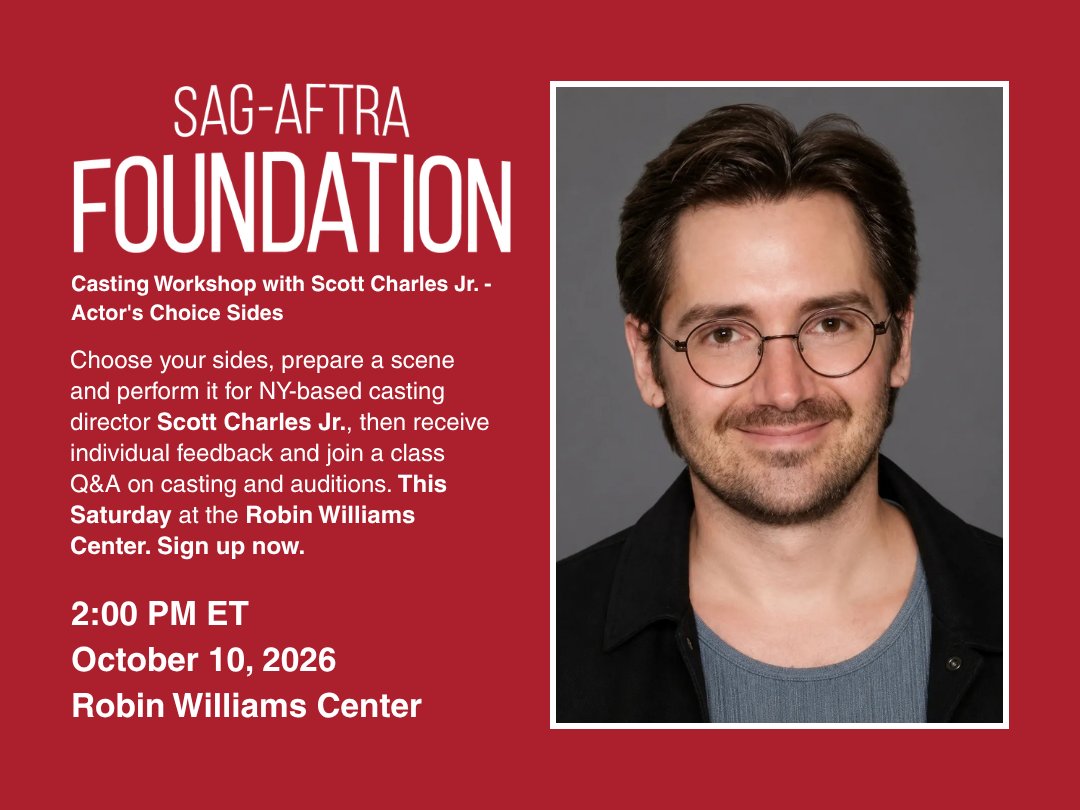 sagaftraFOUND's tweet photo. Perform for NY-based casting director Scott Charles Jr., get individual feedback and join a class Q&amp;A. Sat, Oct 10 at 2pm ET, Robin Williams Center. Sides due Oct 9 at 3pm ET. Sign up: https://t.co/QA1QRW6exS https://t.co/Z2RM36e4j6