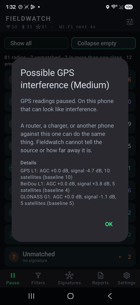 OGridPete's tweet photo. Fieldwatch is a free, open-source Android app that can help identify the devices around you, including what might be watching or following you: trackers, cameras, drones (it even decodes their Remote ID), body cams, and more. It can help identify almost 250 device types, and you can add your own. It listens to nearby Wi-Fi and Bluetooth signals and compares them to a built-in signature database. It only receives, never transmits. No account, no ads, no back end, and it works fully offline.

What's new:

Fieldwatch 1.1.22 adds GPS jamming and spoofing detection, using the receiver that's already in your phone. 🛰️

When your GPS suddenly changes, Fieldwatch lets you know right away:

* A popup with details of the interference
* A voice alert
* A red diamond on your path where it happened
* The details saved in your sit
* An optional note on your TAK marker

It needs a one-time calibration. Choose your sensitivity and you're set. For best performance, keep the phone in a dash holder, or on your chest rig when you're on foot.

Also in this build: weak pairing floods stay quiet while you're driving, and a real flood can leave a note on your TAK marker until it ends.

Easier setup: Live now shows a banner when Location is off, and Diagnostics opens with a "What to check" list that names the exact switch that's off.

The only official release is on my GitHub, link in bio. Each release lists the APK hash and signing certificate so you can check your build.

Coming next: a localization framework. I'm building a proper translation system for Fieldwatch, so translating the app will mean filling in a language file instead of forking the codebase and hand-editing text buried in the code. If you've offered to help translate, thank you, and please hold off for now. Once the framework lands, your work will be much easier and won't break with every update.