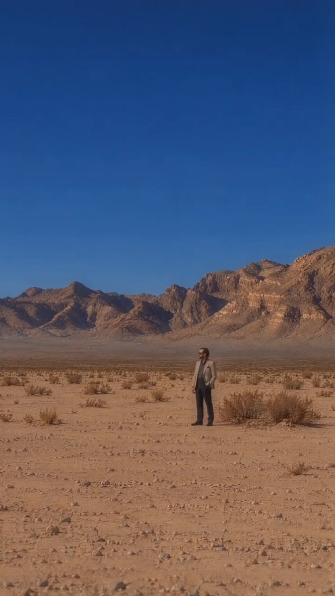 A solitary figure wearing a tan jacket stands in a vast desert landscape with rocky, reddish-brown mountains rising in the background under a clear blue sky.