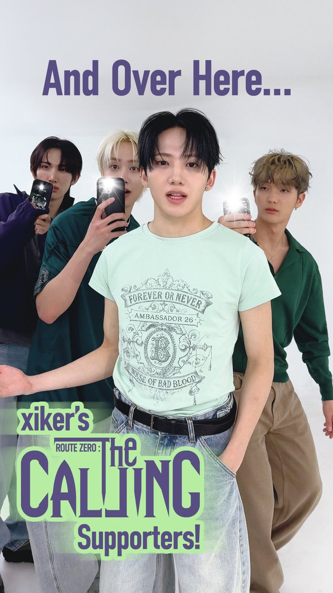 A promotional graphic for K-pop group xikers' "Route Zero: The Calling," showing four members with flashlights, featuring text "And Over Here... xiker's ROUTE ZERO: The CALLING Supporters!"