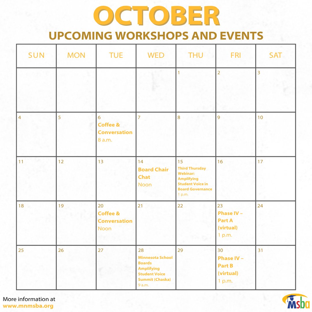 mnmsba's tweet photo. Fall is in full swing, and there are plenty of opportunities to learn, connect, and get involved this month! From workshops and webinars to advocacy opportunities and special events, October has something for everyone. Take a look at what’s ahead and mark your calendar!

#MSBA #MSBAEvents #MNSchoolBoards
