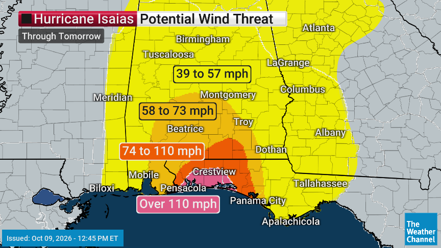 JimCantore's tweet photo. Look at how far inland the TS winds go.  I would move the likely power outages a lot farther north into Atlanta and Birmingham at the least.  #notjustacoastalstorm https://t.co/WVSXbuGHV6