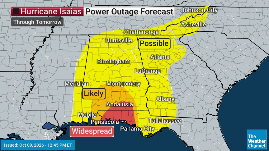 JimCantore's tweet photo. Look at how far inland the TS winds go.  I would move the likely power outages a lot farther north into Atlanta and Birmingham at the least.  #notjustacoastalstorm https://t.co/WVSXbuGHV6