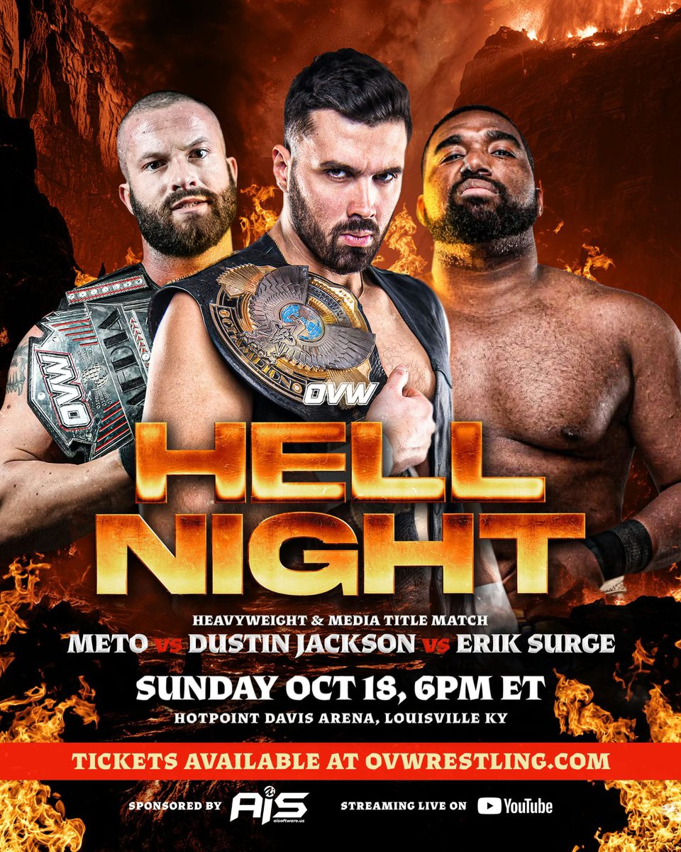 ovwrestling's tweet photo. 3 men, 2 titles. 

Erik Surge will take on Dustin Jackson and Meto at Hell Night! 

Tickets available at https://t.co/WCBISC0L3Y https://t.co/B9x7gWoDXN