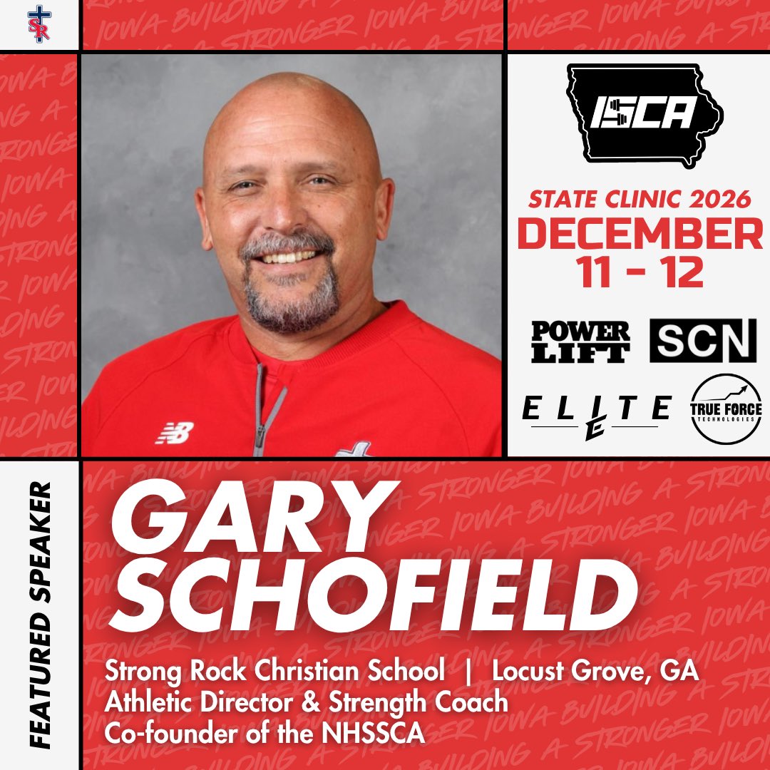 IAStrengthCoach's tweet photo. We are excited to announce our last featured speaker for ISCA State Clinic 2026! 

𝙂𝘼𝙍𝙔 𝙎𝘾𝙃𝙊𝙁𝙄𝙀𝙇𝘿
𝘚𝘵𝘳𝘰𝘯𝘨 𝘙𝘰𝘤𝘬 𝘊𝘩𝘳𝘪𝘴𝘵𝘪𝘢𝘯 𝘚𝘤𝘩𝘰𝘰𝘭 (𝘎𝘈)

🗓️: December 11th and 12th 

💪👊 https://t.co/BDQ4moiDaD