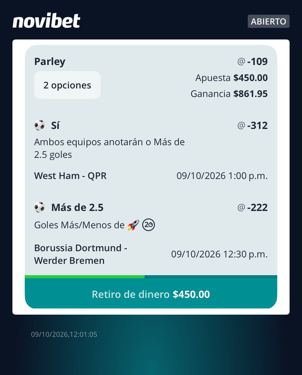 J4FBet's tweet photo. 🚀 Combinada Championship x Bundesliga

⚽️ West Ham vs QPR Over 2.5 o ambos anotan 
⚽️ Borussia Dormund vs Bremen Over 2.5
💰Momio -109
🏦 4.5% Bank https://t.co/NzhaQNuRDb