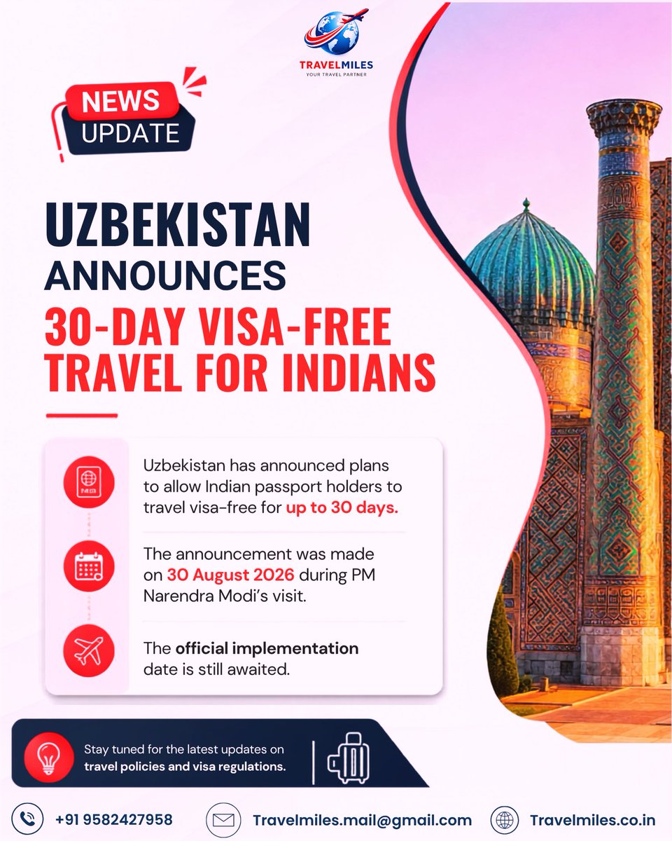 Close_only's tweet photo. Uzbekistan announces 30-day visa-free travel for Indian passport holders. Implementation date is awaited. Start planning your Uzbekistan getaway with TravelMiles. https://t.co/fFFXP1j7M8