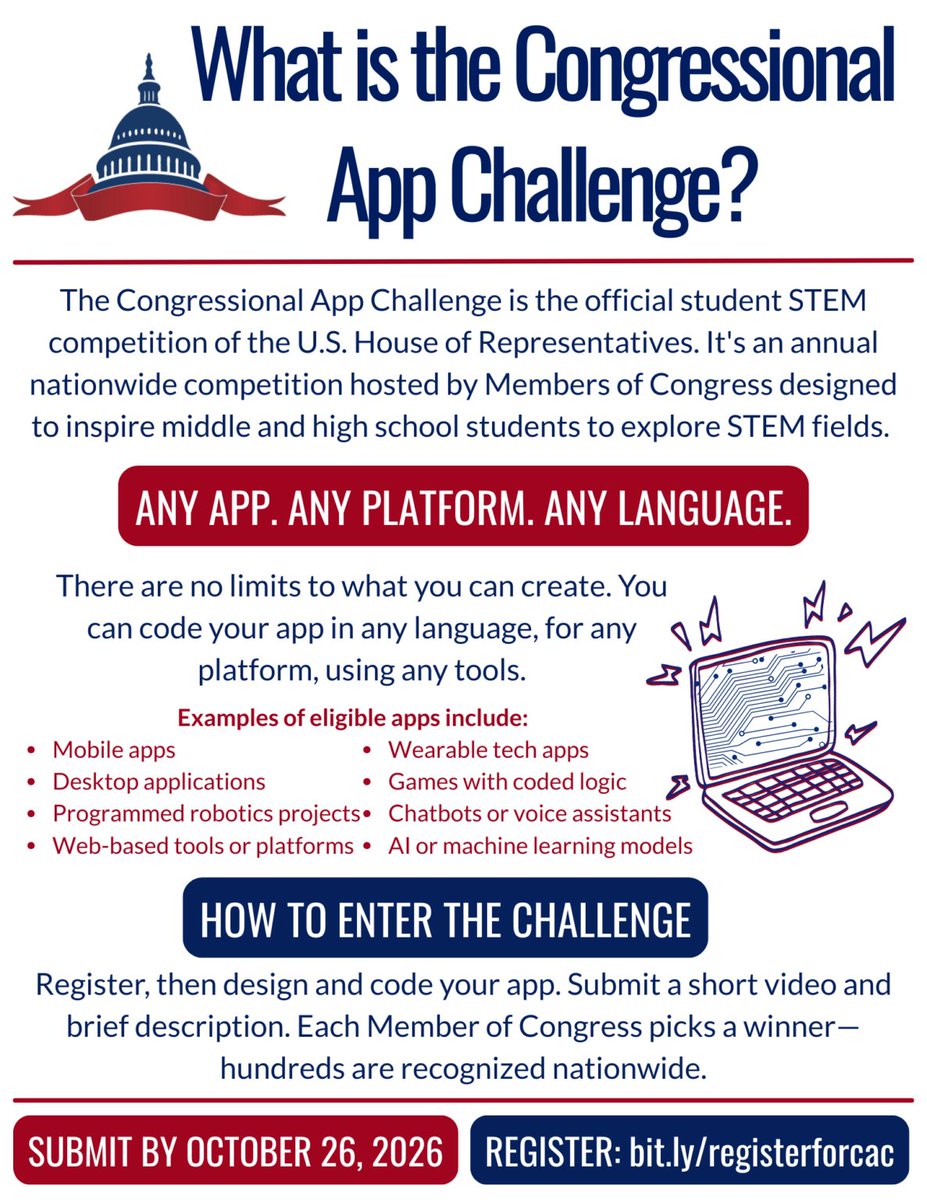 RepHarshbarger's tweet photo. 🚨 REMINDER: The clock is ticking on the 2026 Congressional App Challenge! 

Apps are due Monday, October 26, at noon ET. 

Don't miss the chance to show us what you can build! https://t.co/tZJEiujid9