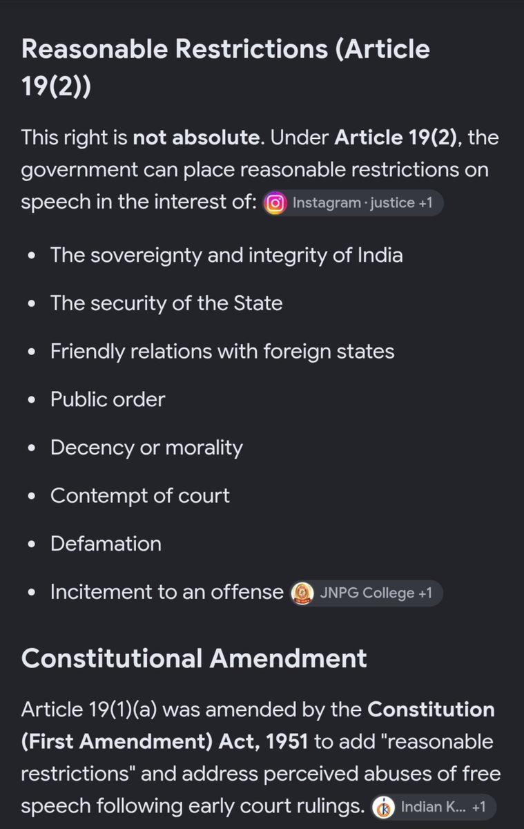 meechikuu's tweet photo. Now we will use against #geminifourthfans : Article 19(1)(a) of the Indian Constitution protects freedom of speech and expression, subject to reasonable restrictions under Article 19(2). Criticising public figures over alleged racism is not automatically hate or harassment. https://t.co/TwfLEt3pU7