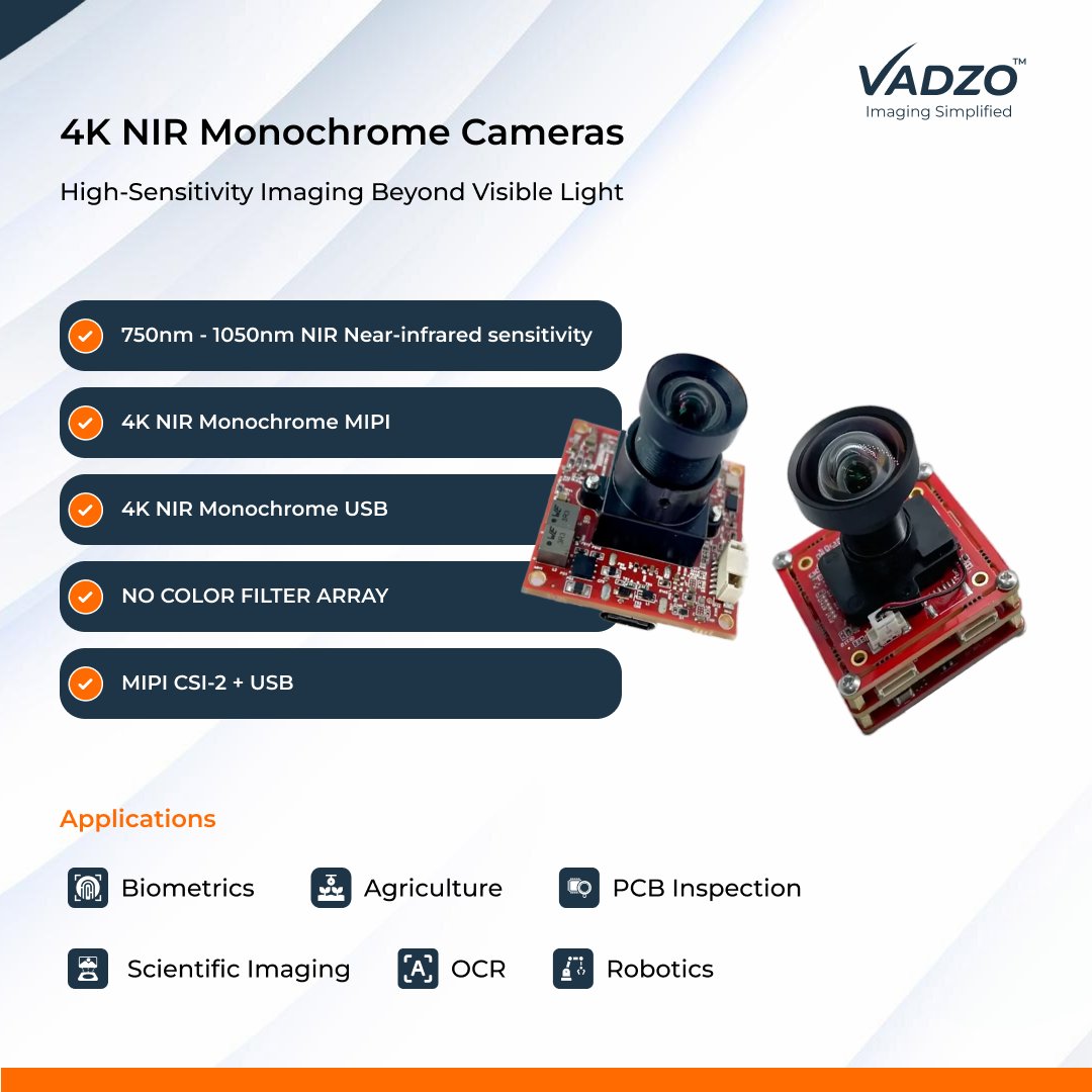 VadzoImaging's tweet photo. See beyond visible light with 4K NIR imaging.
Vadzo’s 4K NIR Monochrome Cameras deliver high-resolution monochrome imaging with 750–1050 nm NIR sensitivity and no Bayer color filter.
Explore: https://t.co/nHiUhsnUmX
#NIR #MonochromeCamera #4KCamera #VadzoImaging https://t.co/ZtHiIkdMLp