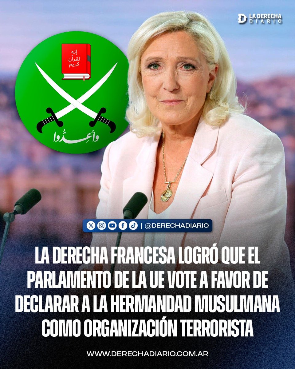 laderechadiario's tweet photo. 🚨🇪🇺 | URGENTE — LA DERECHA FRANCESA LOGRÓ QUE EL PARLAMENTO EUROPEO APRUEBE PROHIBIR LA HERMANDAD MUSULMANA

El Parlamento Europeo votó 381 a 167 una resolución que llama a prohibir la Hermandad Musulmana y a cortar su influencia en Europa. El texto, impulsado por el PPE y apoyado por Renew, ECR, Patriots y ESN, busca cerrar la puerta a la “Hermandad con trajes y corbatas” y frenar el dinero de la UE hacia entidades islamistas.

Los socialdemócratas, Verdes y La Izquierda votaron en contra. Varios países como Egipto, Emiratos y Arabia Saudí ya la tienen prohibida. Ahora le toca a la Comisión y a los Estados miembros aplicar la medida.