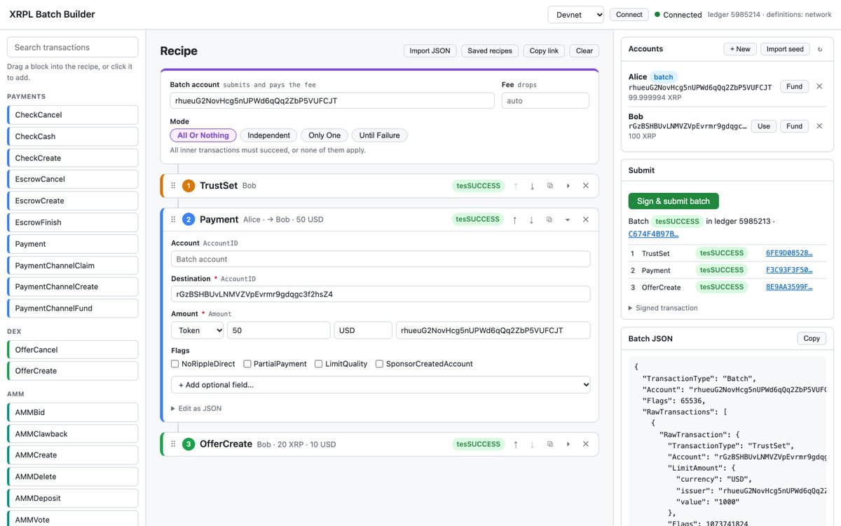 Screenshot of the XRPL Batch Builder showing drag-and-drop transaction recipes, atomic execution modes, and batch JSON output