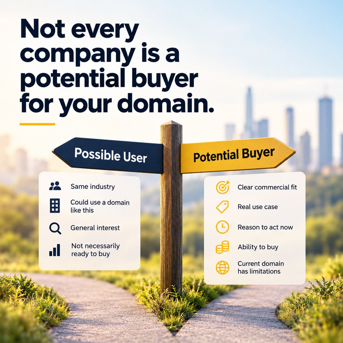 neuraldomains's tweet photo. One of the biggest mistakes in domain outbound:

Confusing a possible user with a potential buyer.

A company operating in the right industry is not automatically a good prospect for your domain. https://t.co/Tinghqn4Ur