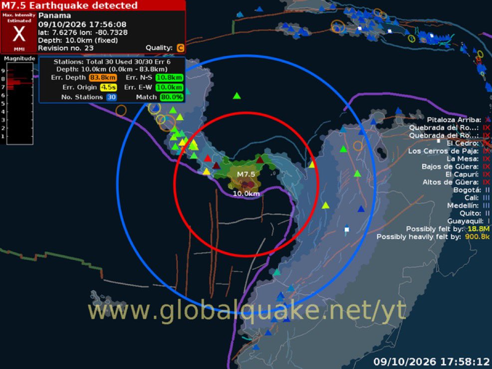 WBC24News's tweet photo. BREAKING: 7.5 magnitude earthquake hits Panama, GlobalQuake estimates. https://t.co/TrNqDri3dB