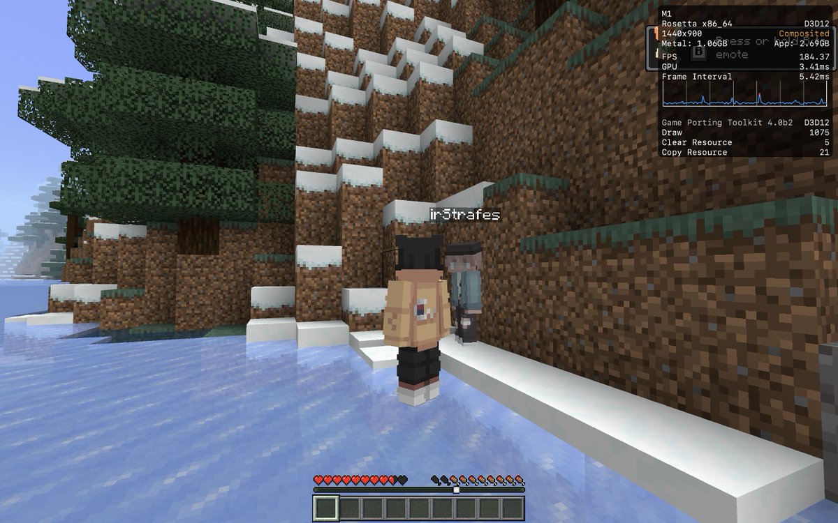 Minecraft Bedrock Edition gameplay screenshot inside a snowy Minecraft world on macOS showing player character, performance HUD with 184 FPS average, 93 FPS hig