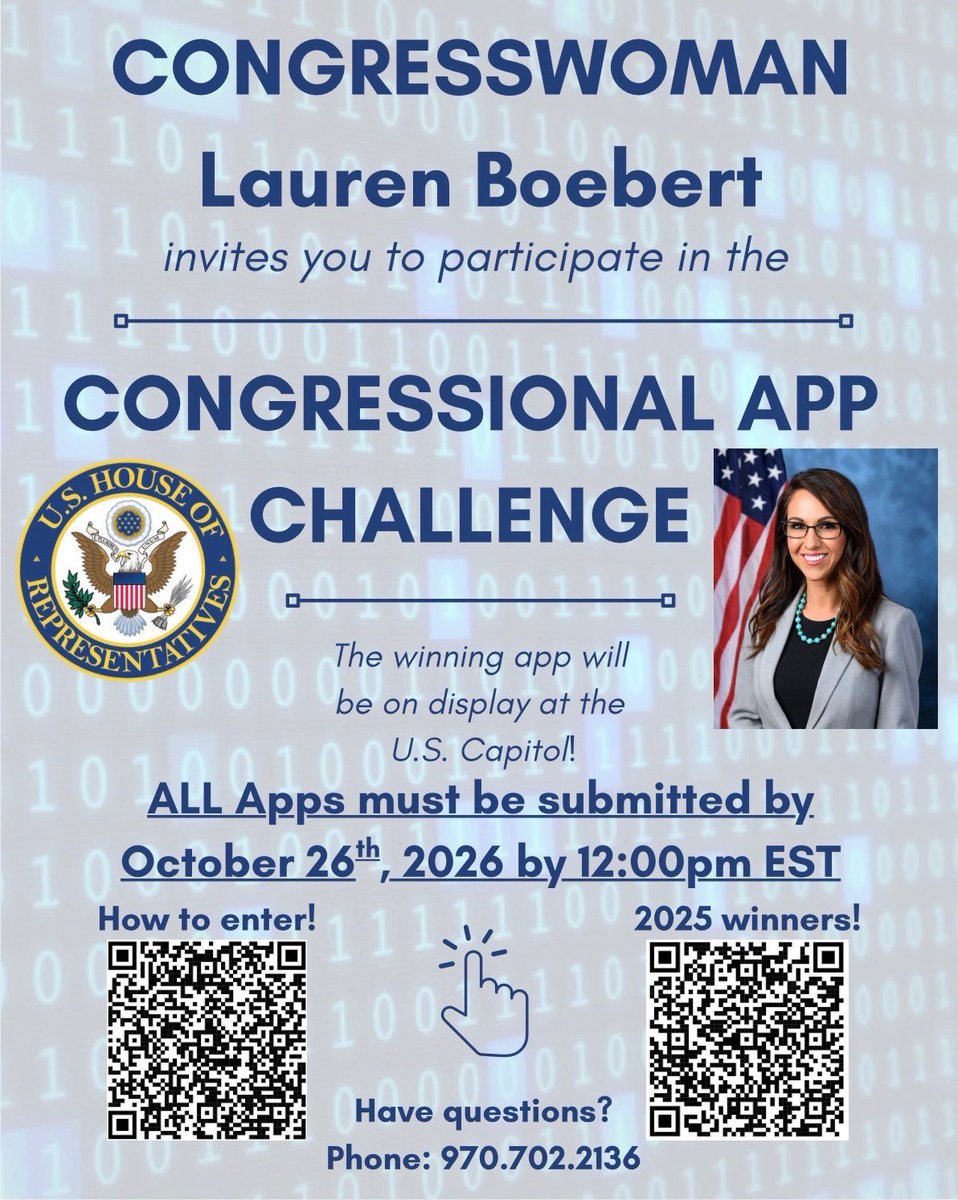 RepBoebert's tweet photo. Congresswoman Boebert is proud to participate in the 2026 Congressional App Challenge, encouraging students across Colorado's 4th Congressional District to put their creativity and computer science skills to work.

The deadline is coming up! Students, submit your app by October 26, 2026, 12:00PM EST for the opportunity to have your work recognized through the Congressional App Challenge and showcased in Washington DC!