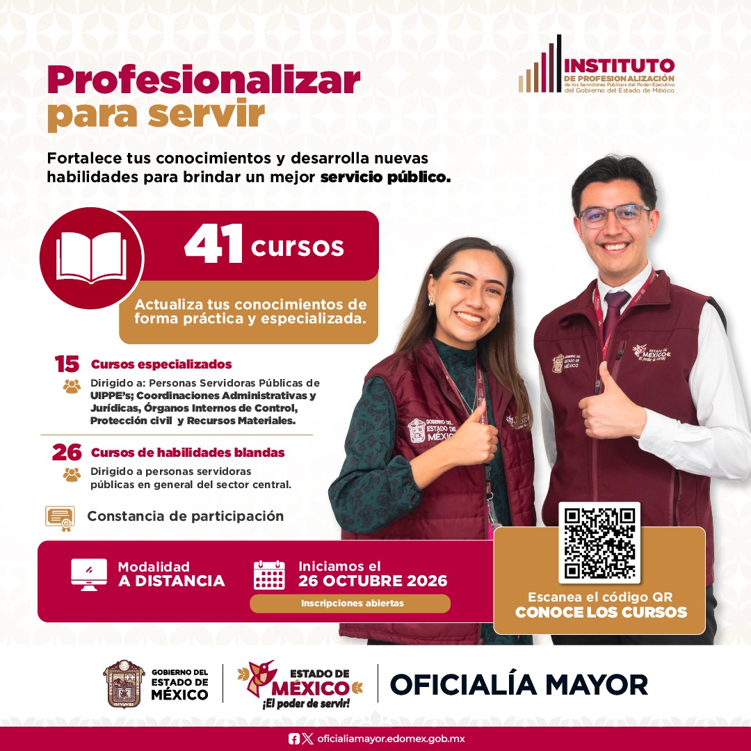 IPSPedomex's tweet photo. 📚 ¡Profesionalizar para servir! El
@Edomex, pone a tu alcance una oferta de 41 cursos para fortalecer tus conocimientos técnicos y habilidades blandas. 
💻Modalidad: virtual 
🔎Consulta y realiza el pre-registro: 👉https://t.co/S3mNqmYCuq #ElPoderDeServir #AdministrarParaServir https://t.co/Qu7TXa6CFv