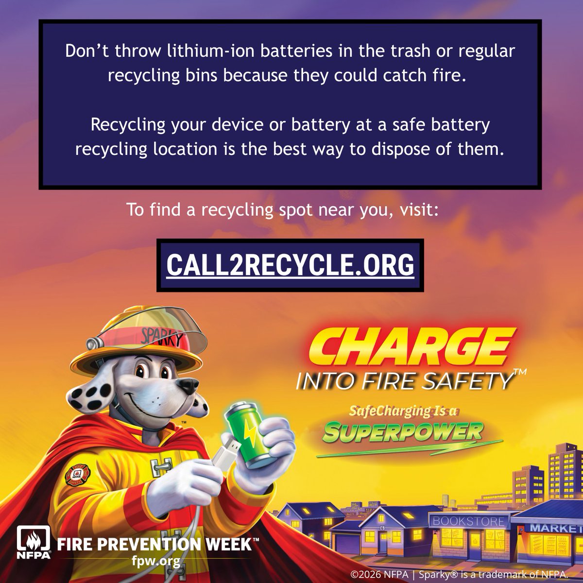 COStateFire's tweet photo. Keep your home safe by recycling your lithium-ion batteries the right way. Throwing these batteries in the regular trash or recycling bins is dangerous because they could catch fire. Recycling them at an official drop-off location is always the safest choice.

Tomorrow, we are co-hosting family-friendly events across Colorado for Fire Prevention Week! If you are heading to the Fruita event, Mesa County Hazardous Waste Disposal will be there providing free battery collection! Bring your old power tools and device batteries to toss right into their bin. Learn more about the events at https://t.co/sOdgLnlsuX.

Come join the fun and learn more about lithium-ion battery safety. Can't make it? Visit https://t.co/5p9P78cnH5 to find a recycling spot near you.

#FirePreventionWeek #SafeCharging #FireSafety #FirePrevention #BatterySafety #CommunityRiskReduction @MesaCountyNews @NFPA