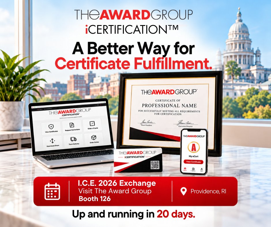 tagawards's tweet photo. Providence, we’re packing our bags. 👋
The AWARD Group is headed to #ICEExchange2026, and we’re bringing a smarter approach to certificate fulfillment. Come find us at booth 126.
#ICEExchange #Certification #Credentialing #iCERTIFICATION #TheAWARDGroup https://t.co/6eNlkbvax3