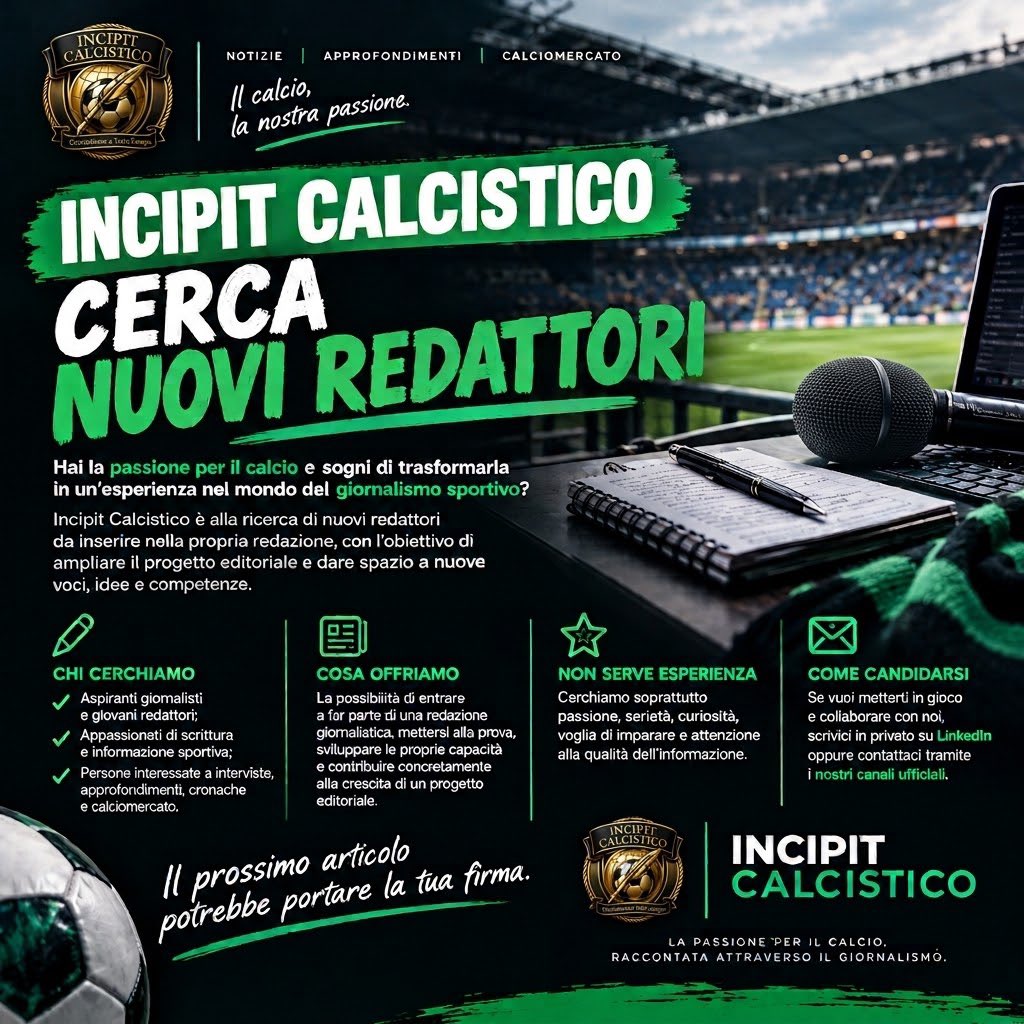 Anto_ni_o___'s tweet photo. Non pensavo che avrei mai optato per una post del genere. Incipit Calcistico nasce in un momento difficile del mio percorso e si sta rivelando sempre di più una “scelta azzeccata”. L’idea era di averlo anche come redazione, per me. Un progetto unicamente volto al mio benestare.

Poi, su questo social, mi è arrivato un messaggio: “Amo scrivere, voglio tornare a farlo e prendere parte a questo ambizioso progetto”. Mi si sono illuminati gli occhi. In Italia c’è ancora chi ha voglia di scrivere per passione, prima che per mestiere.

Ho deciso quindi di espandere la redazione con nuovi redattori, adesso sta a voi scegliere. La redazione è nata ed è in continua crescita: sogni un giorno di fare il giornalista e arrivare in Serie A? Sei nel posto giusto. Scrivimi.

#Giornalismo #IncipitCalcistico #GiornalismoSportivo #SerieA #Passione