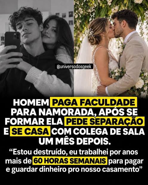 HenrySirtoli's tweet photo. "Homem paga faculdade para namorada, após se formar ela pede separação e se casa com colega de sala um mês depois."

🔹Se isso é Fake ou não, fica a Dica: no mundo hoje em dia, nunca confie 100 % em alguém. Não seja egocêntrico, mas se auto valorize mais. https://t.co/8fJyxTJzko