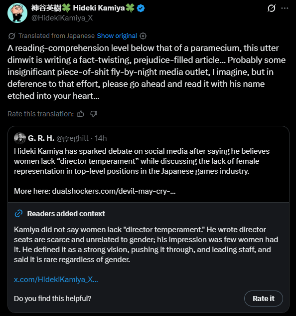 _Hero_Hei_'s tweet photo. I just witnessed legendary Japanese creator Hideki Kamiya destroy a Western journalist so badly that he nuked his entire account in real time LOL https://t.co/FiCKIbX9pb